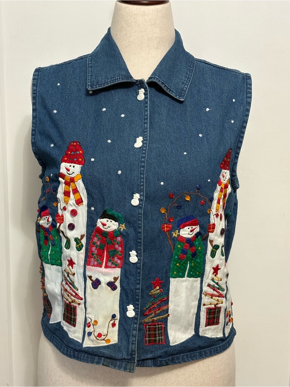 VTG 90s Tantrums Christmas Denim Vest M Snowman Embroidered Whimsical Granny